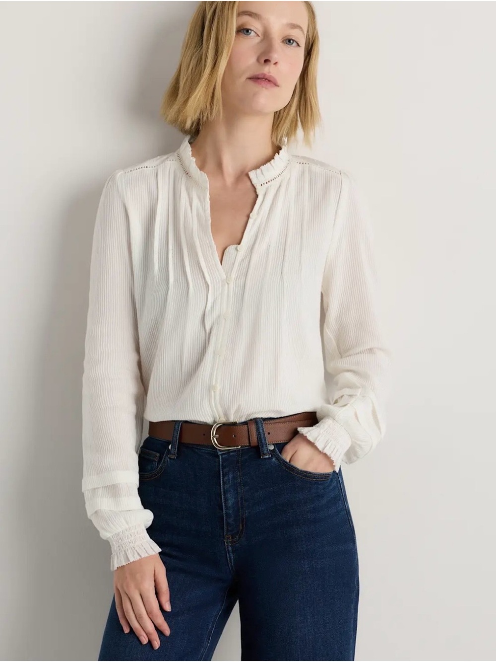 NWT Quince Organic Textured Cotton Peasant Blouse White Size S